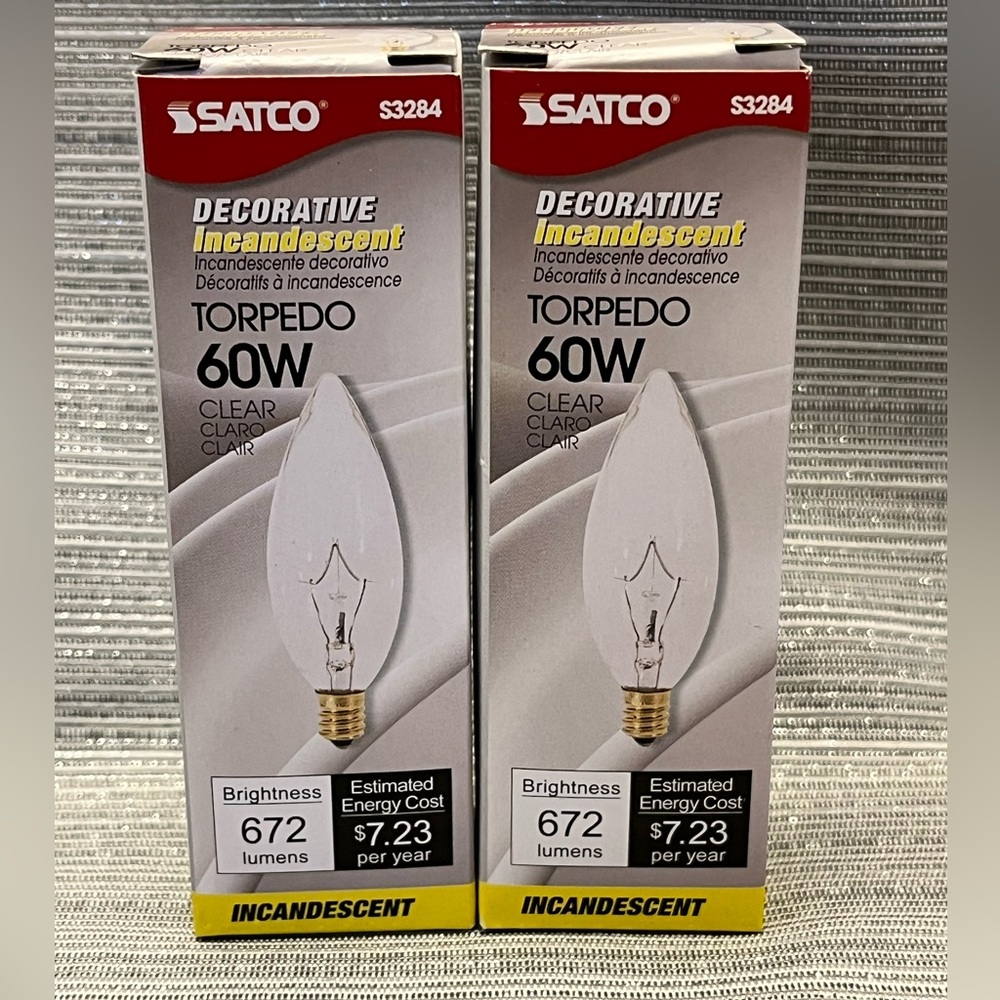 Lot of 2 Satco S3284 60W Clear Torpedo Candelabra Small Base bulbs